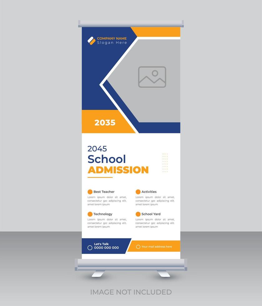 Kids back to school admission roll up banner design with simple shapes for minimalistic company promotion template vector