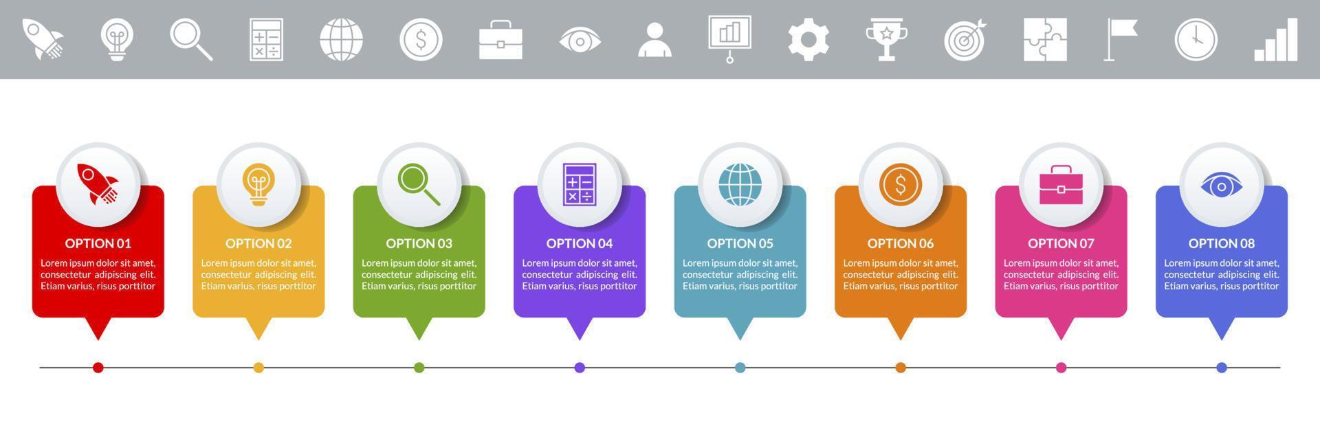 infografia diseño modelo y íconos con 8 opciones o 8 pasos vector