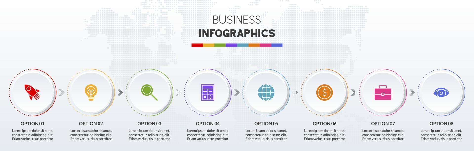 infografia diseño modelo y íconos con 8 opciones o 8 pasos vector