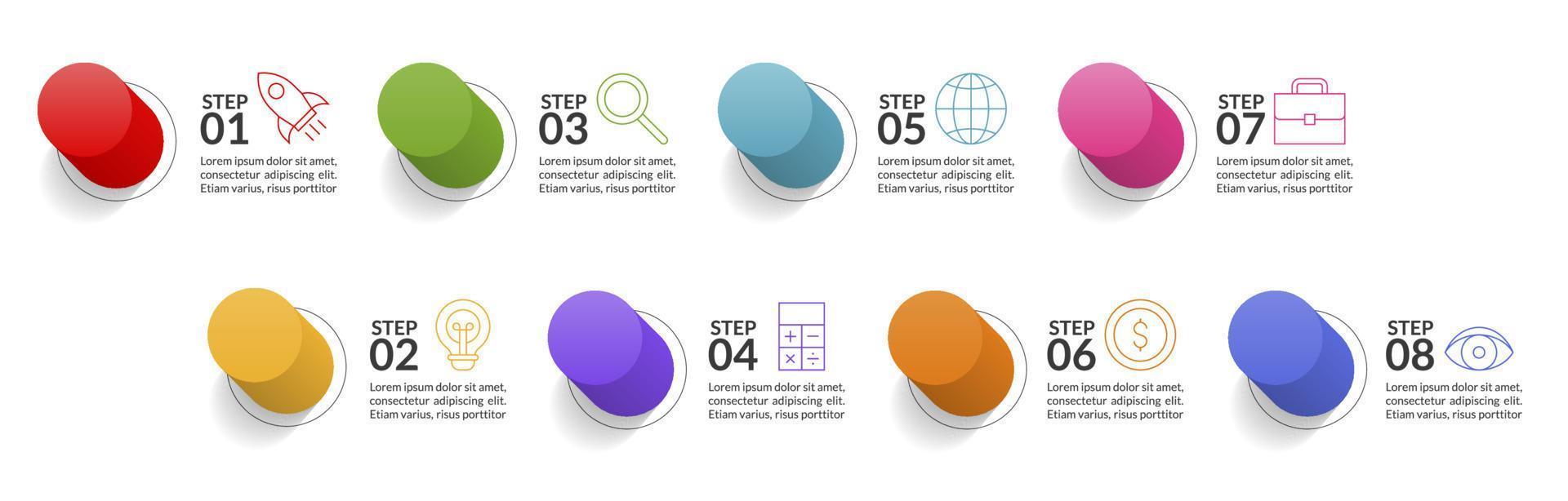 infografia diseño modelo y íconos con 8 opciones o 8 pasos vector