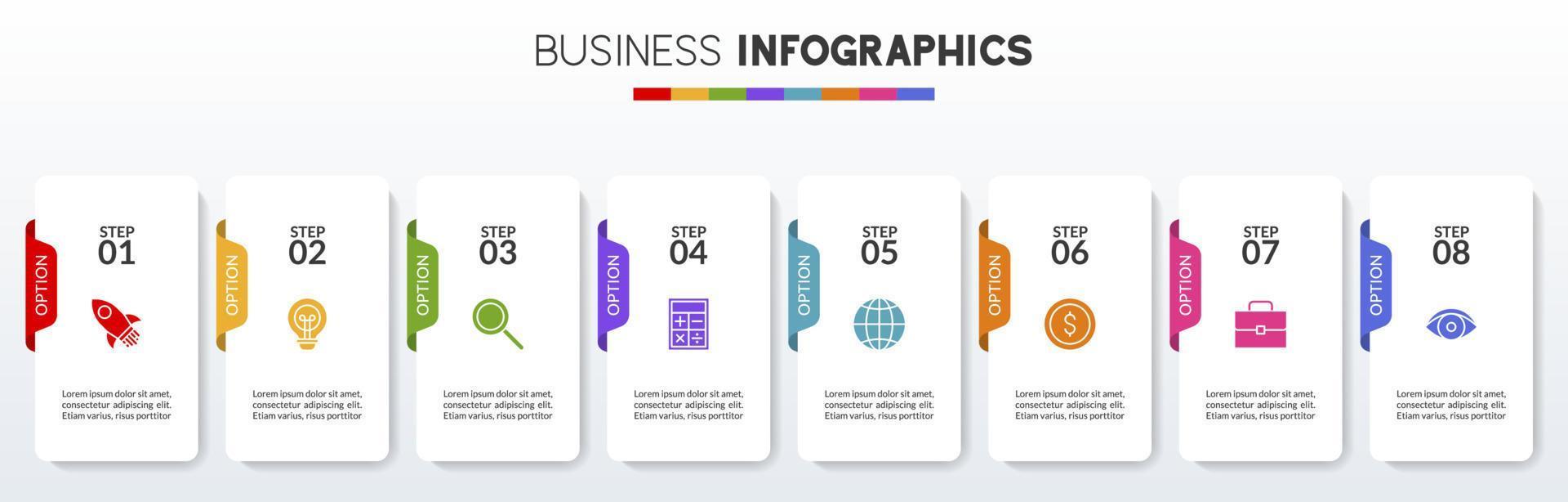 infografia diseño modelo y íconos con 8 opciones o 8 pasos vector