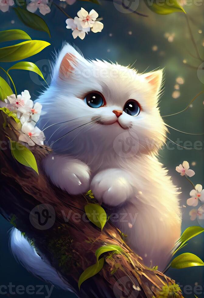 illustration of cute cat on the branch of flower. cat slumped over a branch stuck in a tree. . photo