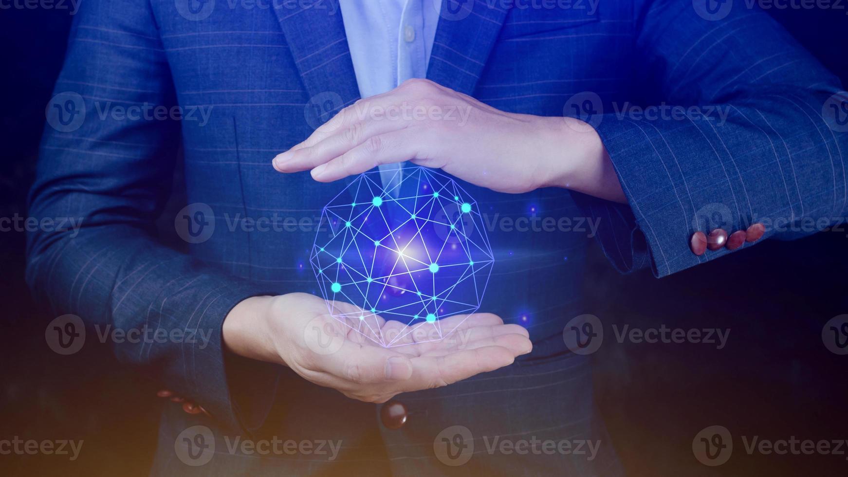 Businessman hands holding with virtual global connection concept, grow earth and global online networking connection with data exchanges, global communication network security concept. photo