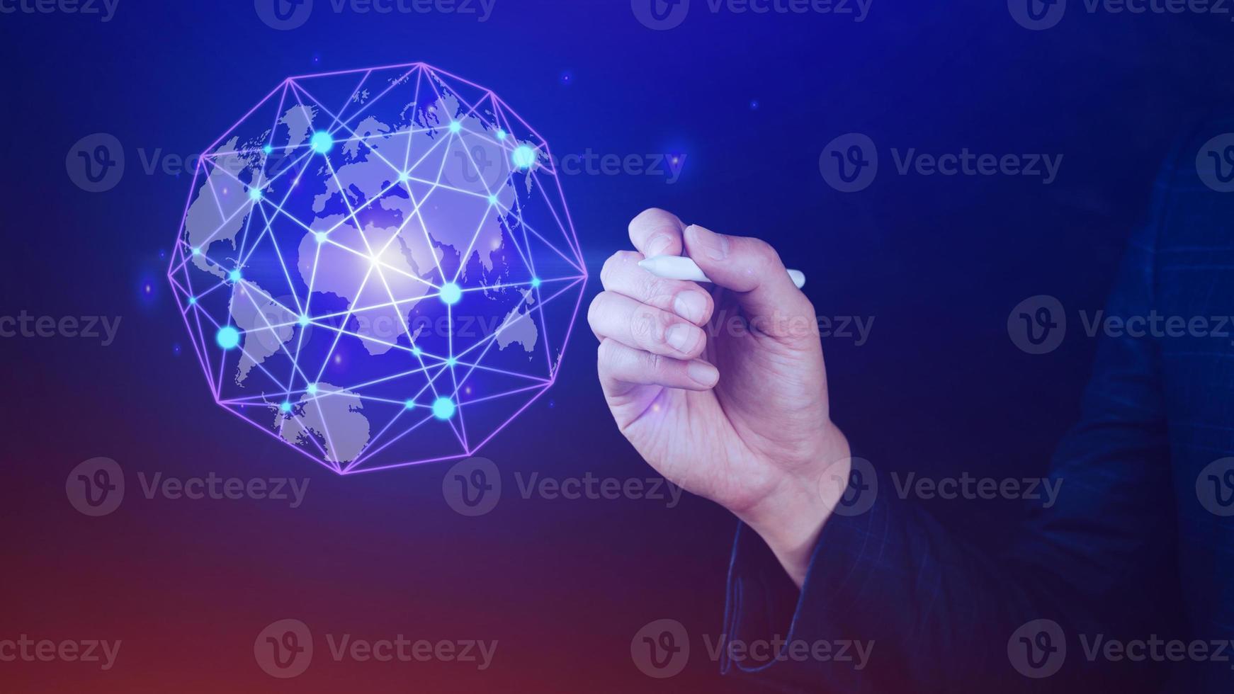 Businessman hands touching with virtual global connection concept, grow earth and global online networking connection with data exchanges, global communication network security concept. photo