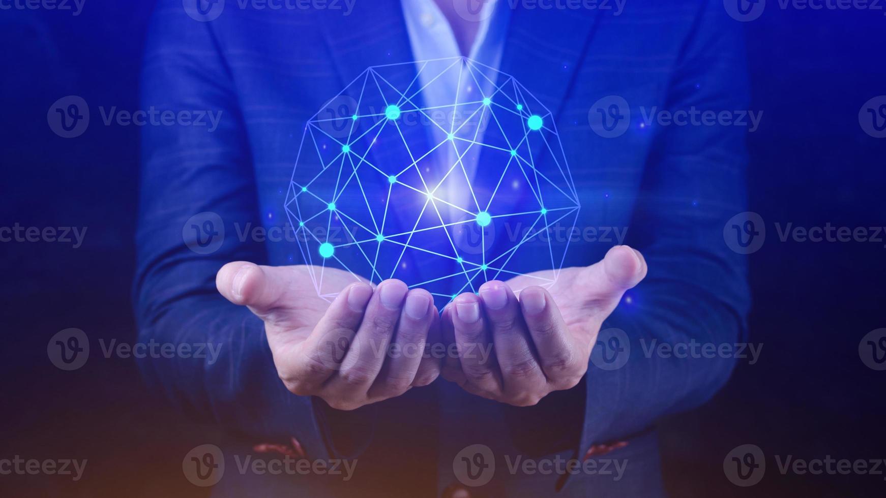 Businessman hands holding with virtual global connection concept, grow earth and global online networking connection with data exchanges, global communication network security concept. photo