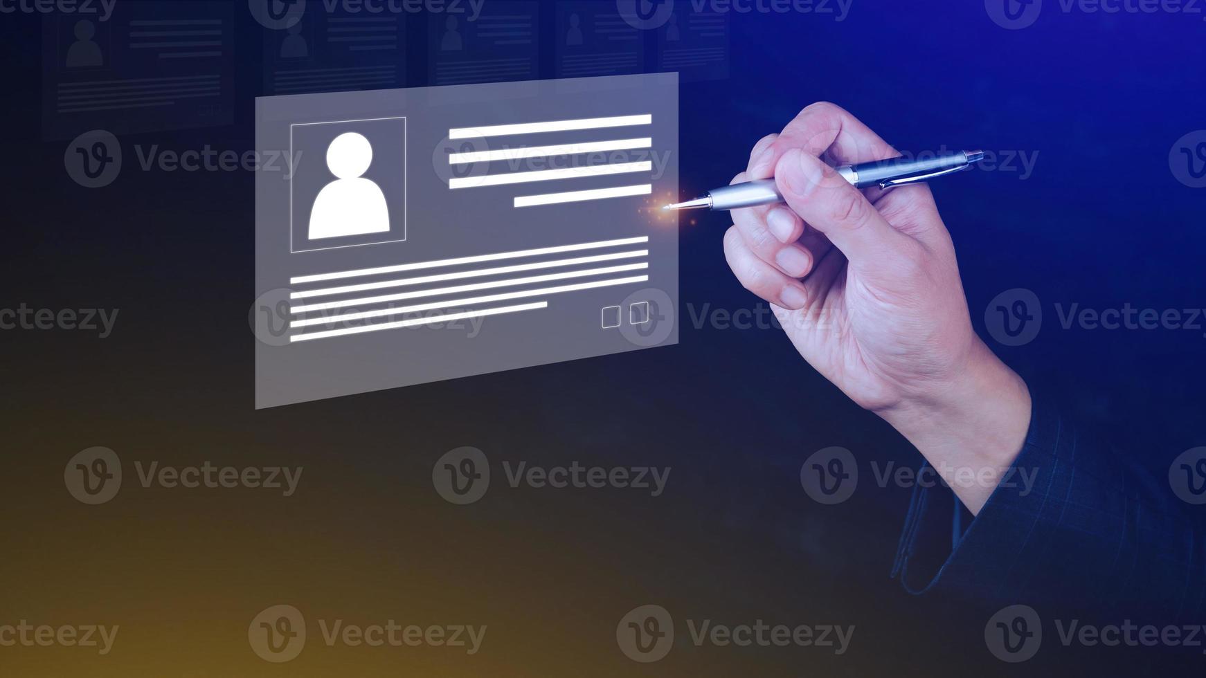 Human resources manager choosing professional profile to hire on virtual screen interface, recruitment concept. Businessman hand pointing icon resource HR management concept photo