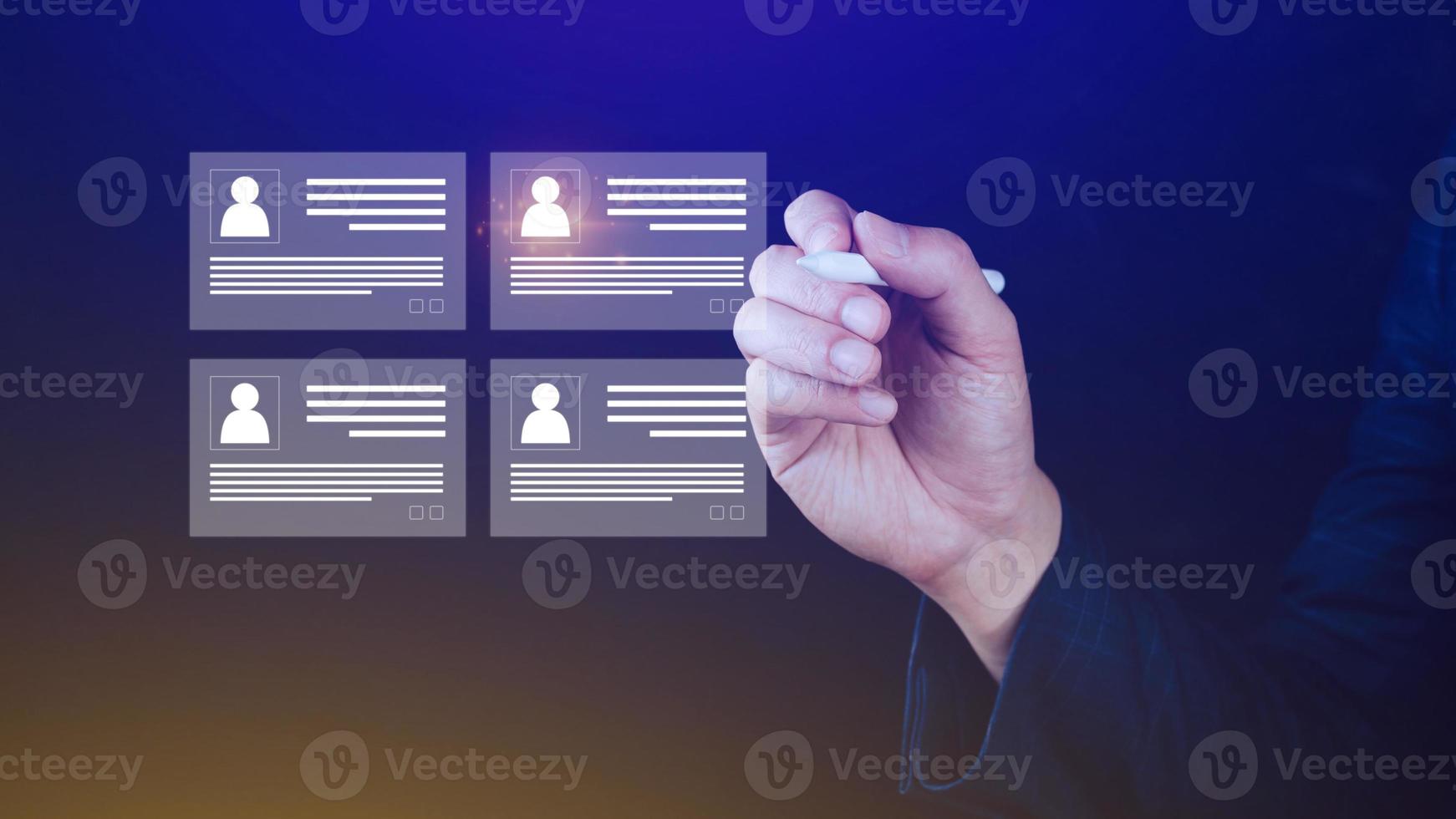 Human resources manager choosing professional profile to hire on virtual screen interface, recruitment concept. Businessman hand pointing icon resource HR management concept photo