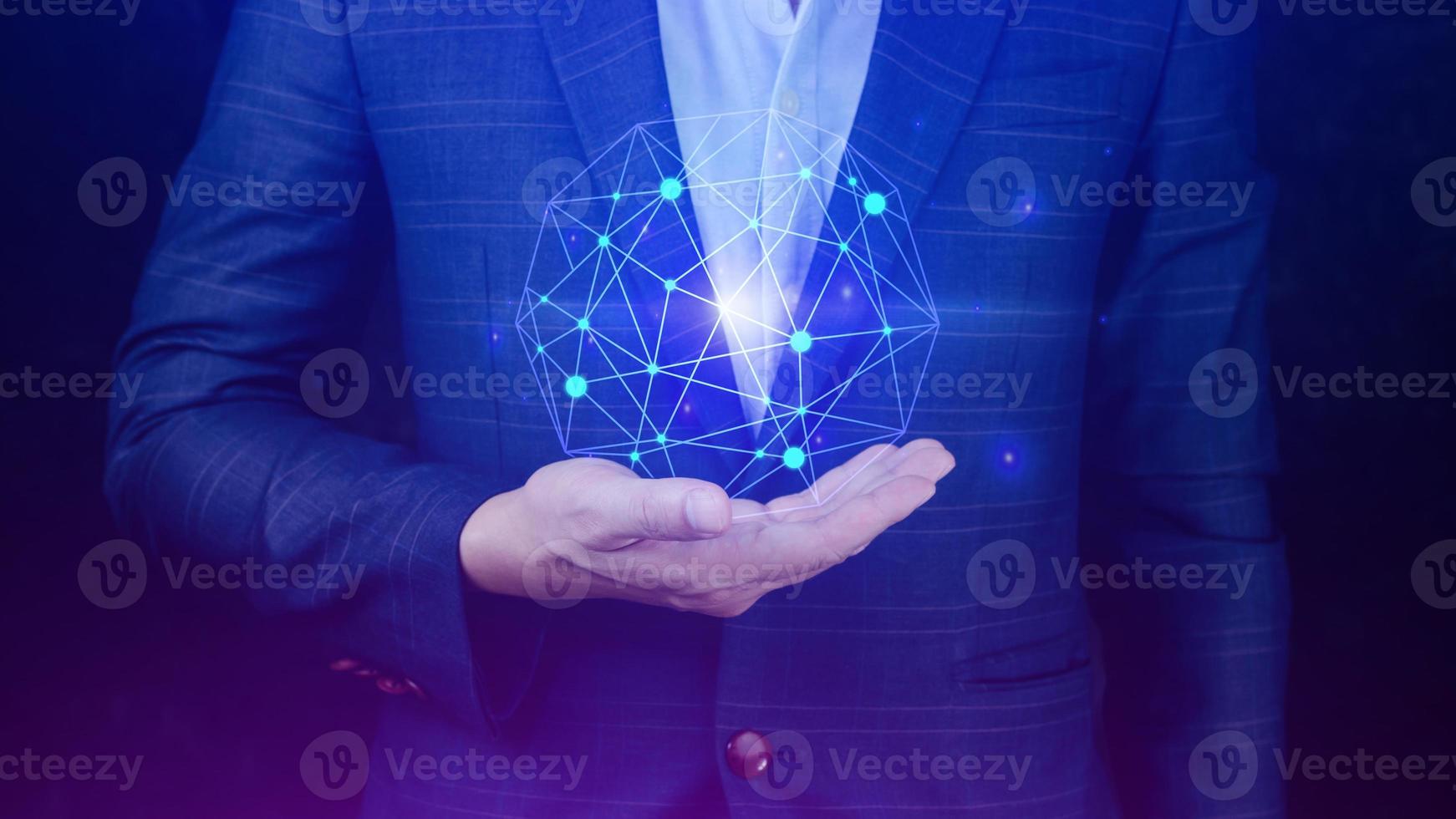 Businessman hands holding with virtual global connection concept, grow earth and global online networking connection with data exchanges, global communication network security concept. photo