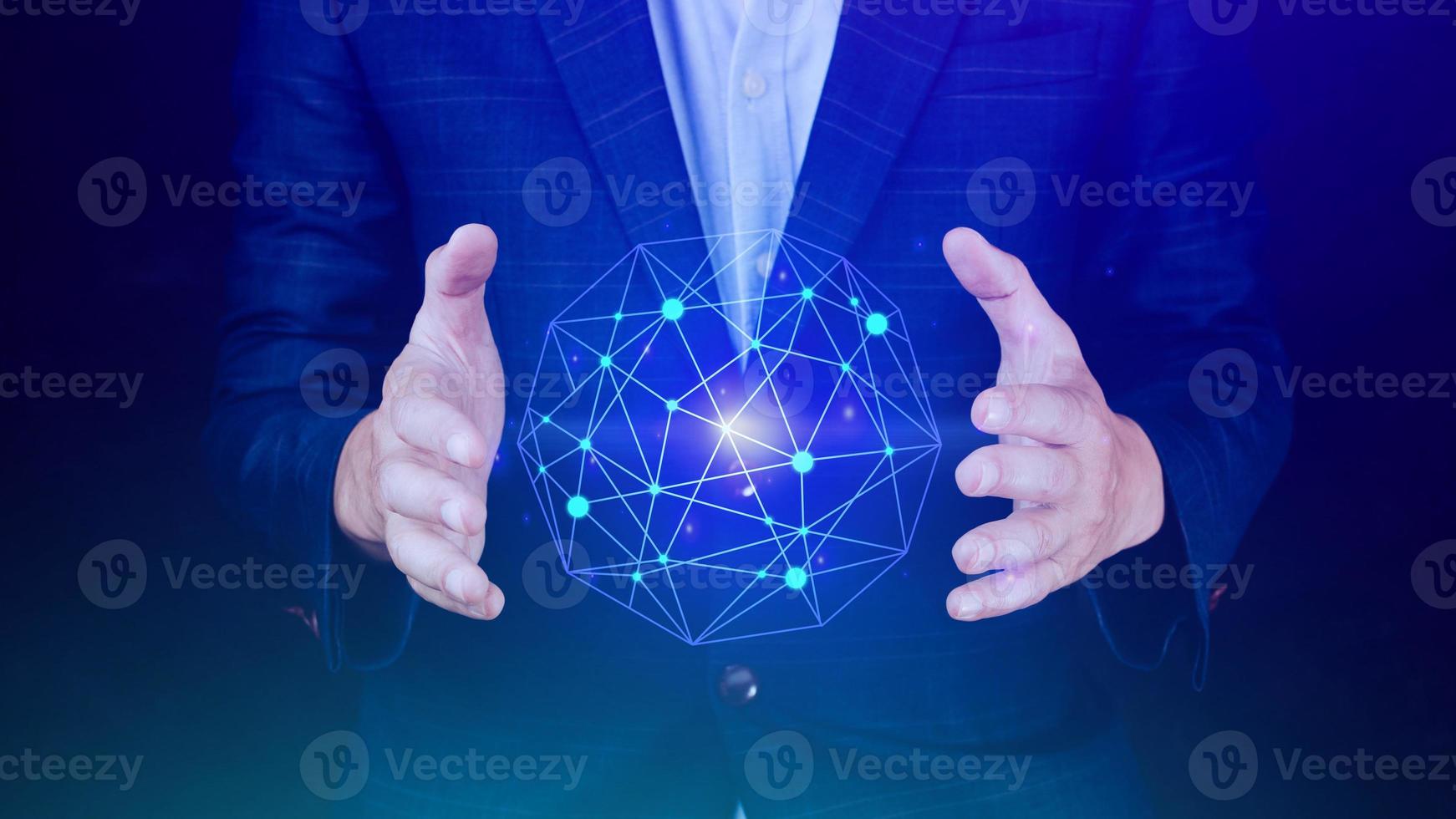 Businessman hands holding with virtual global connection concept, grow earth and global online networking connection with data exchanges, global communication network security concept. photo