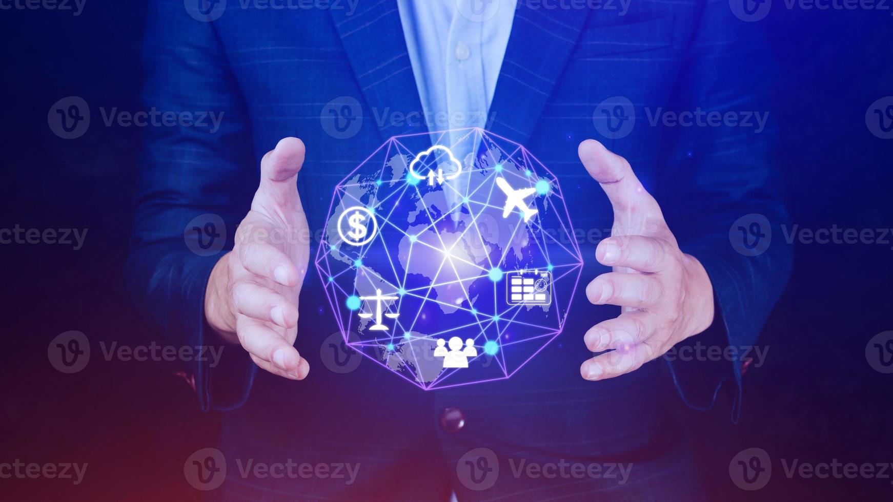 Businessman hands holding with virtual global connection concept, grow earth and global online networking connection with data exchanges, global communication network security concept. photo