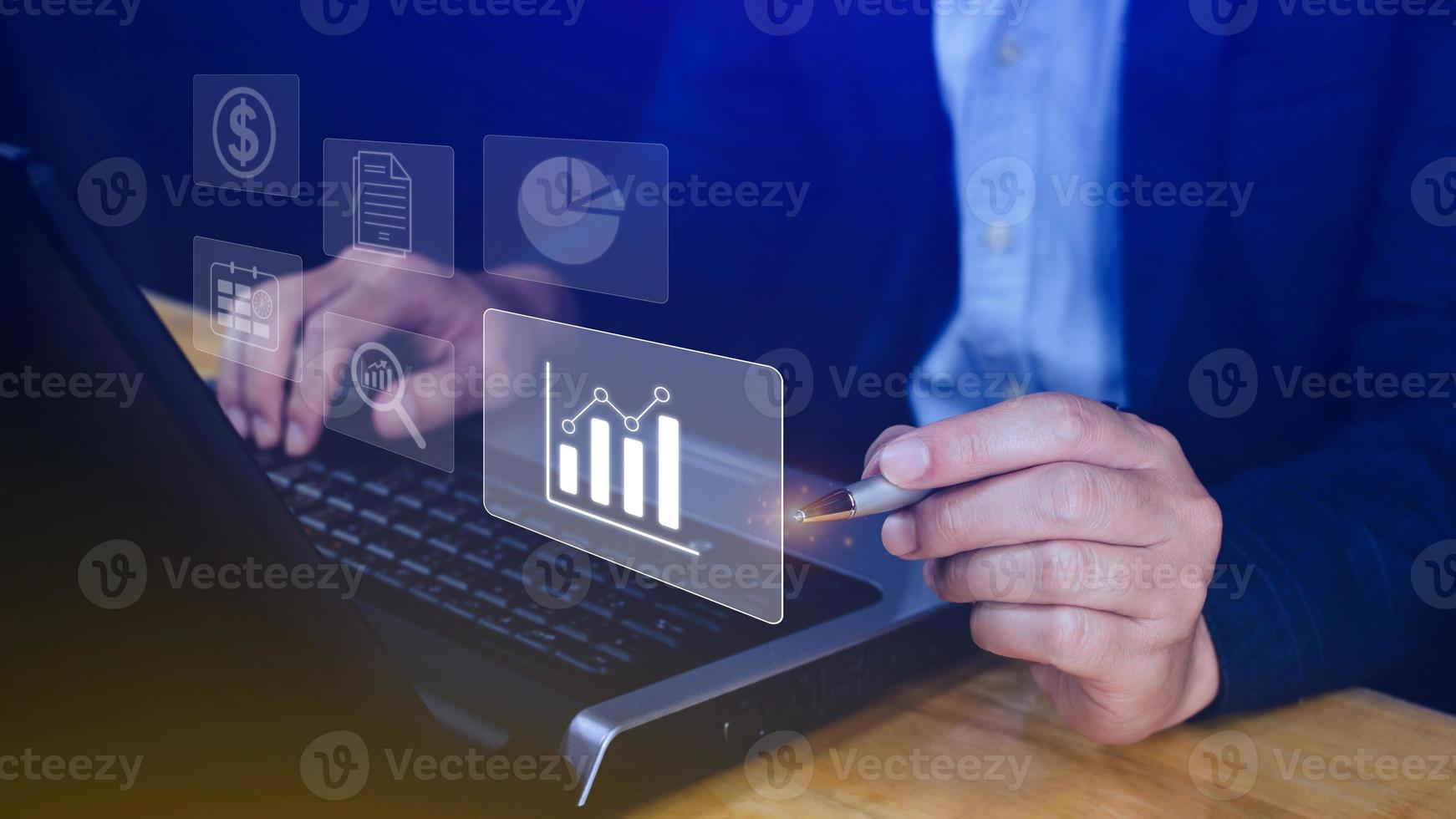Big data analytics and business intelligence BI concept with chart and graph icons on digital screen interface and business people in the background. photo