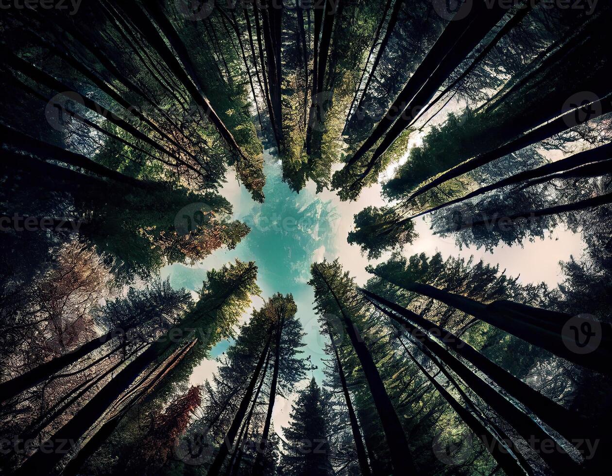 Low-angle view of trees in the forest. View of blue sky through green treetops, springtime season background, low angle view. . photo