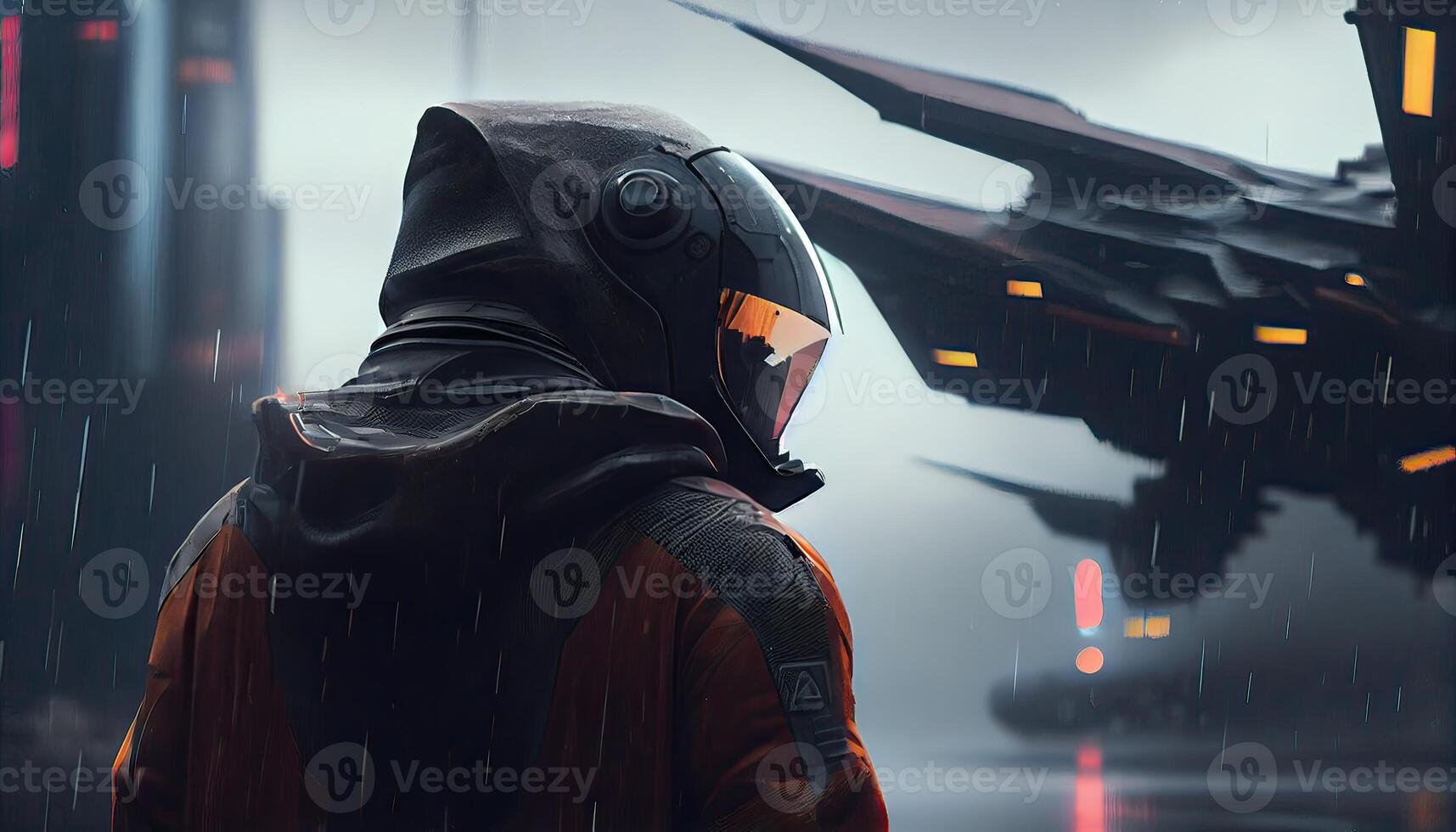 Portrait of a young cyberman with a futuristic color metal virtual reality helmet on futuristic background Cyberspace Augmented Reality, futuristic vision. 3d photo