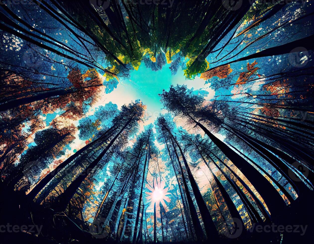 Low-angle view of trees in the forest. View of blue sky through green treetops, springtime season background, low angle view. . photo