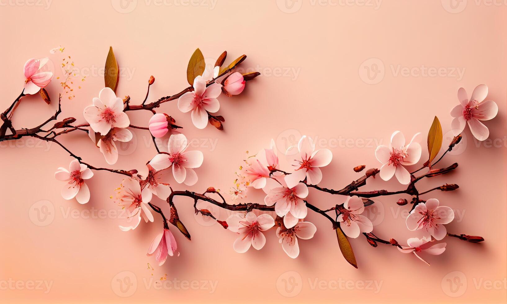 soñador Cereza flores como un natural Bordear rosado antecedentes. Cereza flores en pequeño racimos en un Cereza árbol rama en rosado antecedentes con espacio de copia. generativo ai foto