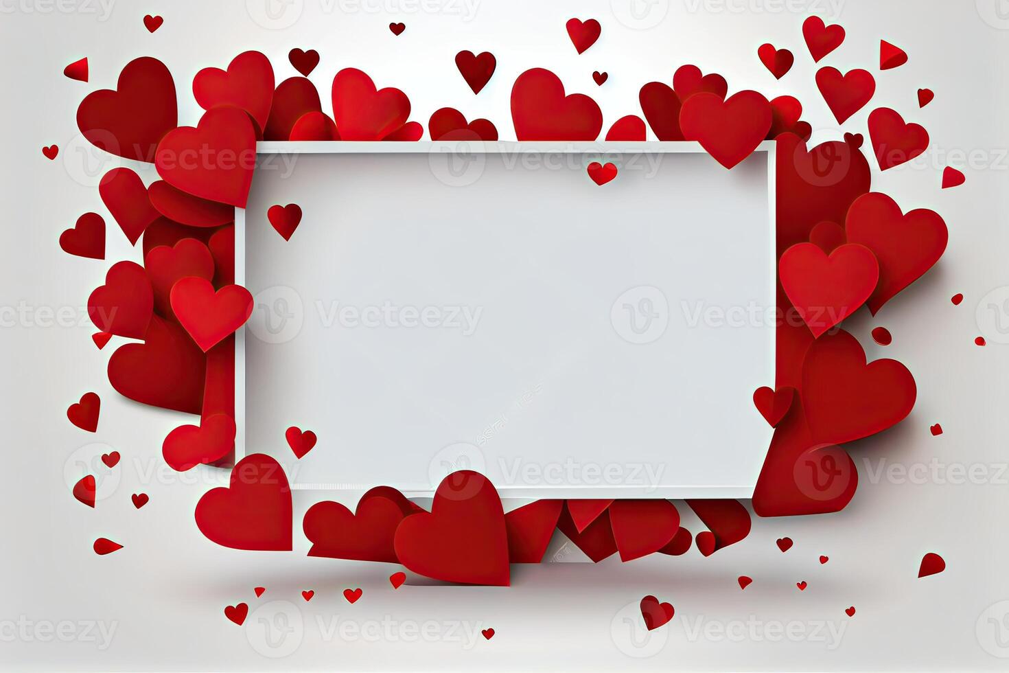 Valentine's Day concept. Top view photo of white photo frame heart-shaped confetti on isolated on background with copyspace.