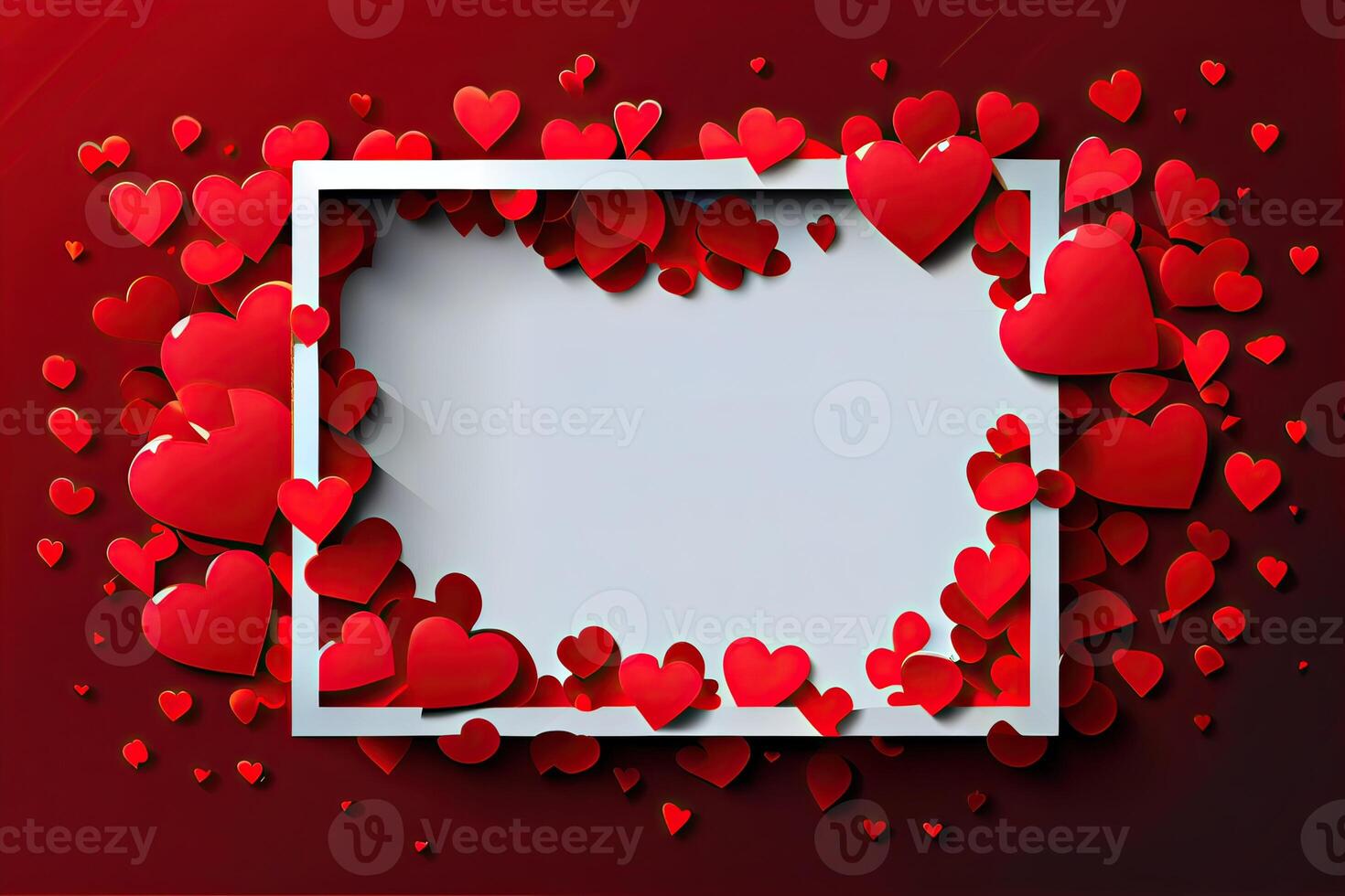 Valentine's Day concept. Top view photo of white photo frame heart-shaped confetti on isolated on background with copyspace.