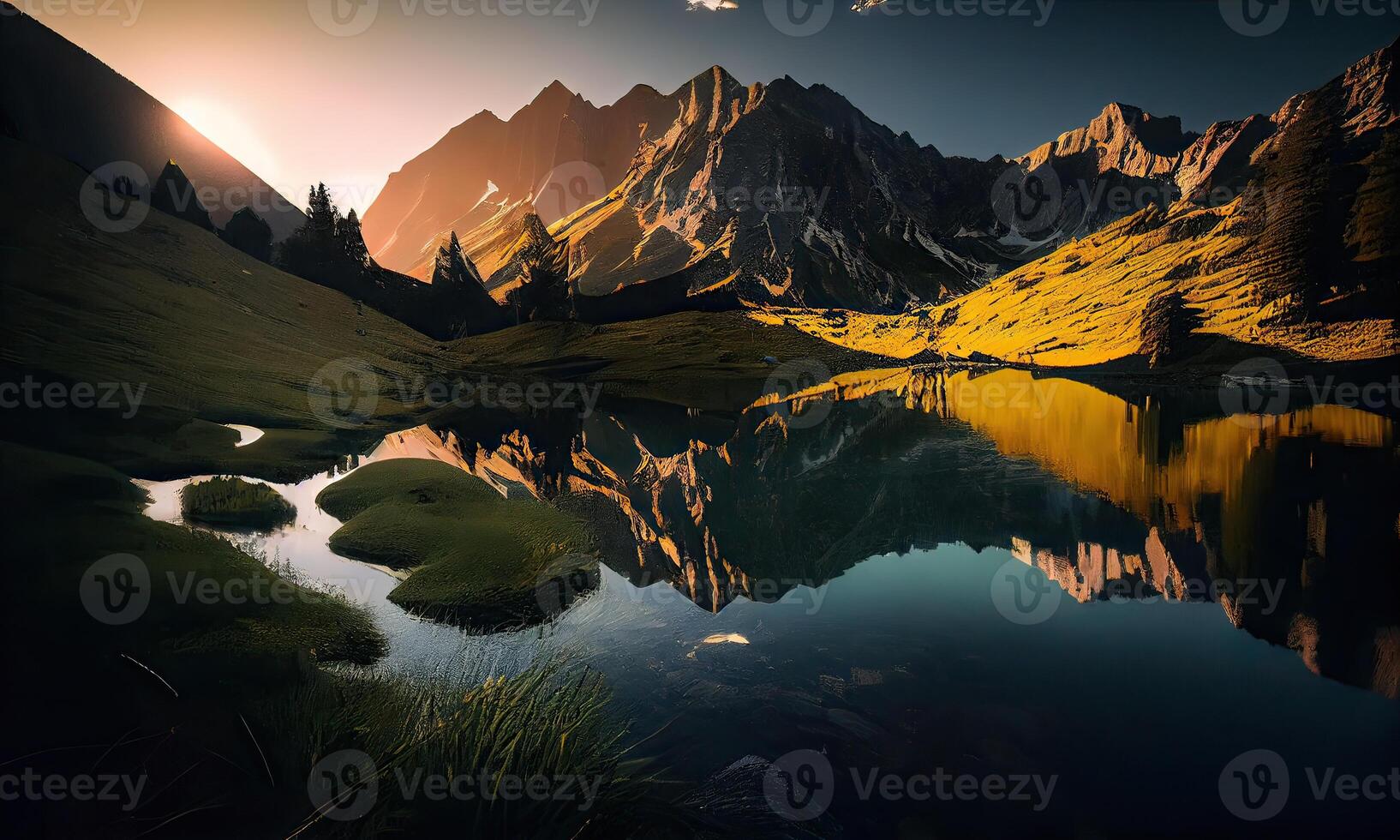 Mountain valley and river during sunrise. Natural summer landscape. Mountain river stream on summer landscape. photo