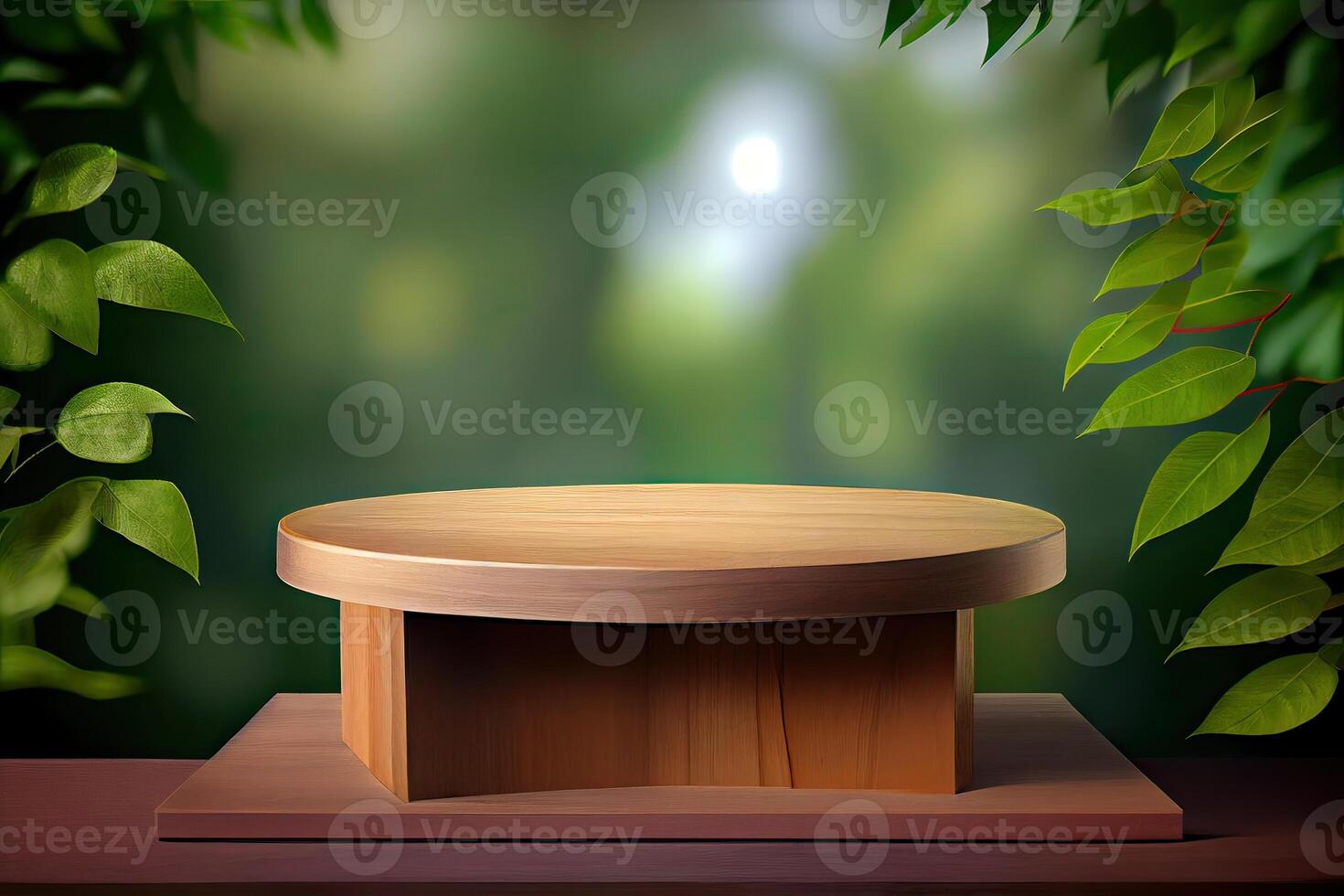 podium in Natural green background for Empty show for packaging product presentation. Background for cosmetic products, the scene with green leaves. . photo