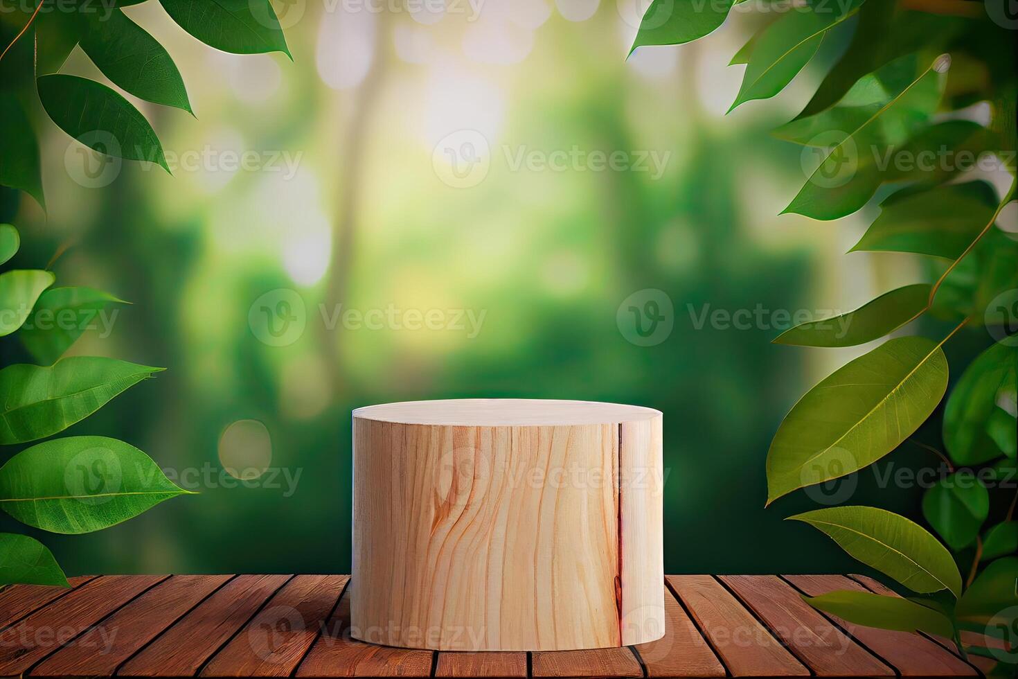 podium in Natural green background for Empty show for packaging product presentation. Background for cosmetic products, the scene with green leaves. . photo