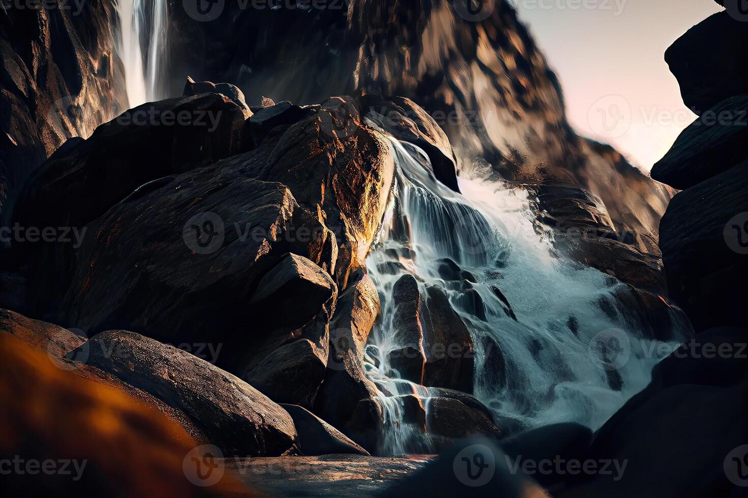 close-up view of stream waterfall. Waterfall close-up background. Water falling on the rocks in close up. . photo