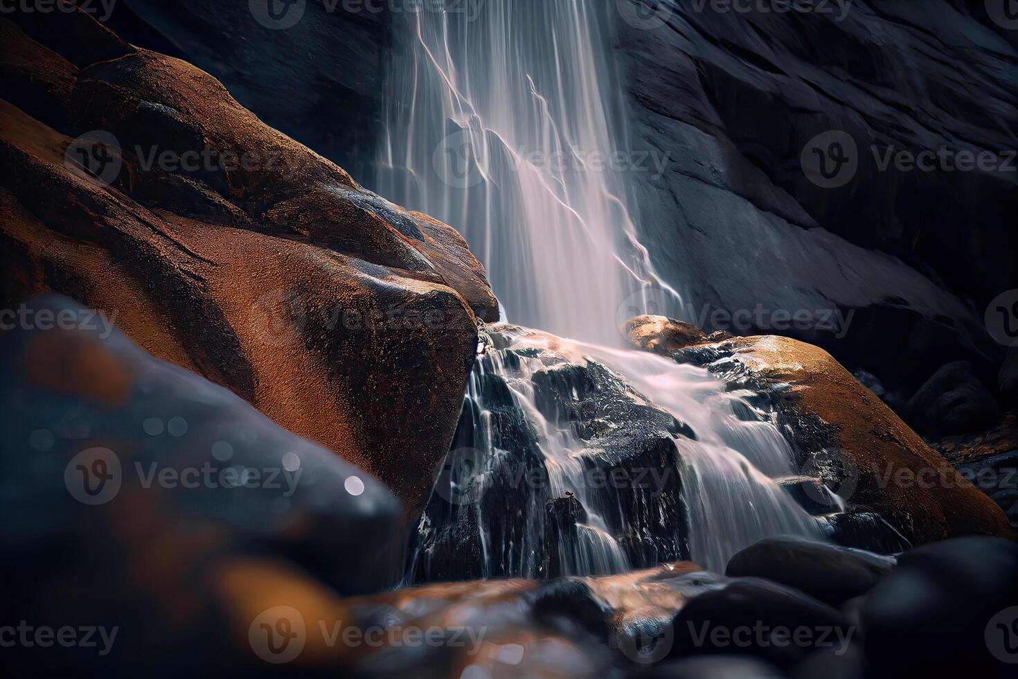 close-up view of stream waterfall. Waterfall close-up background. Water falling on the rocks in close up. . photo