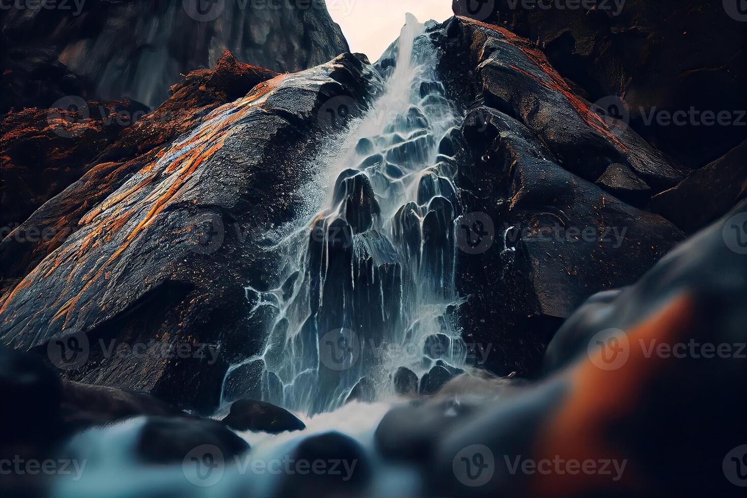 close-up view of stream waterfall. Waterfall close-up background. Water falling on the rocks in close up. . photo