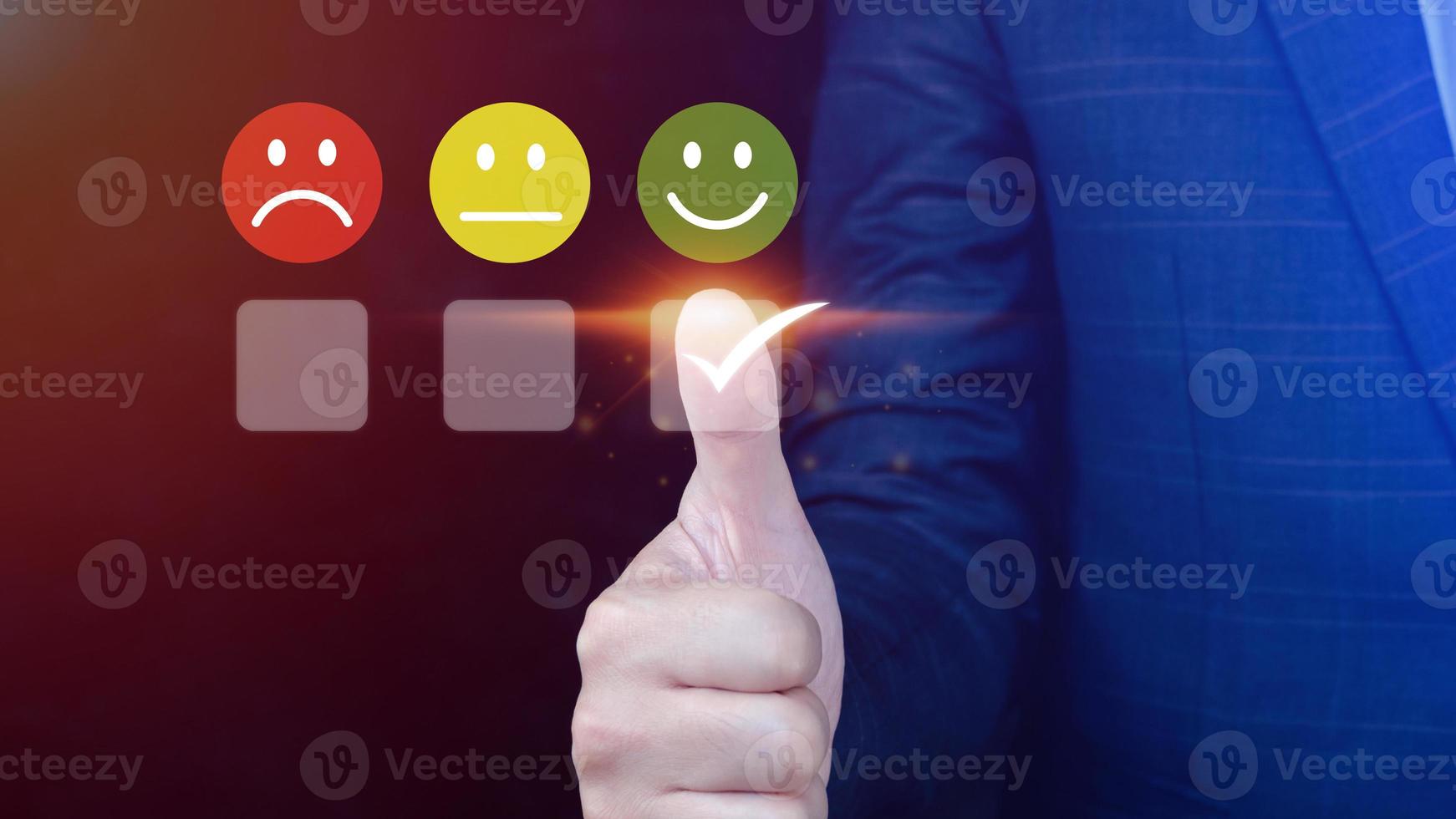 Businessman choosing happy smile face icon. feedback rating and positive customer review experience, satisfaction survey. mental health assessment. World mental health day concept photo