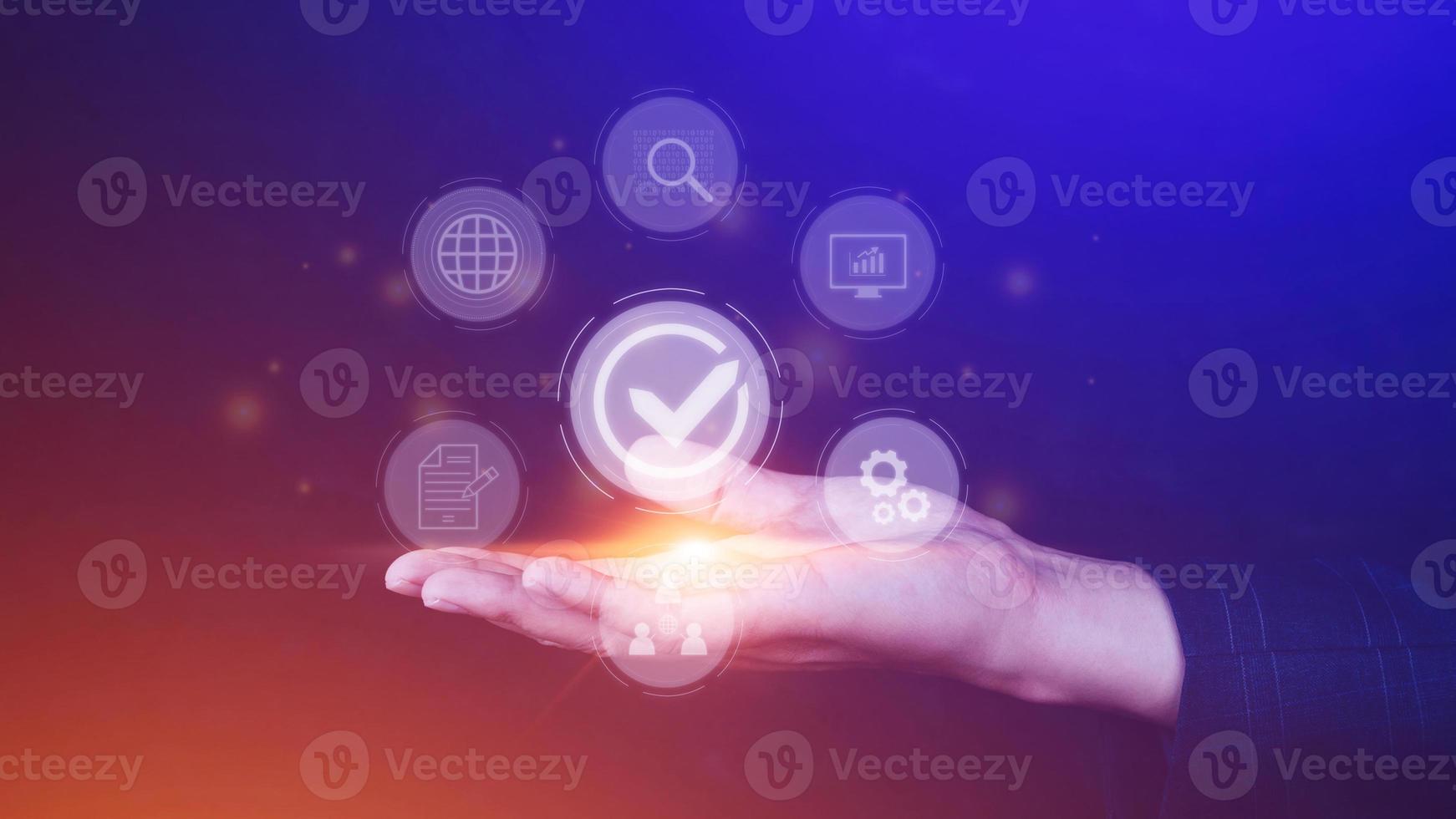 Quality management with Quality assurance or QA and Quality control or QC and improvement. Standardization and certification concept. compliance to regulations and standards. concept with manager. photo
