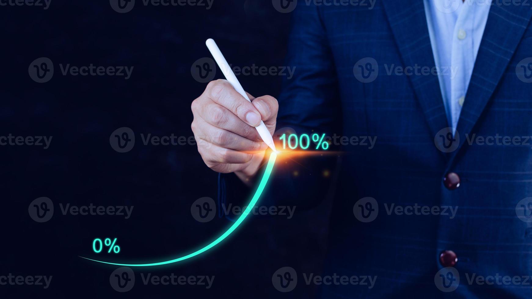 Businessman holding stylus pencil pointing touching to that has grown exponentially rapidly from 0 percent to 100 percent sales in short period of business success strategy and planning concept. photo
