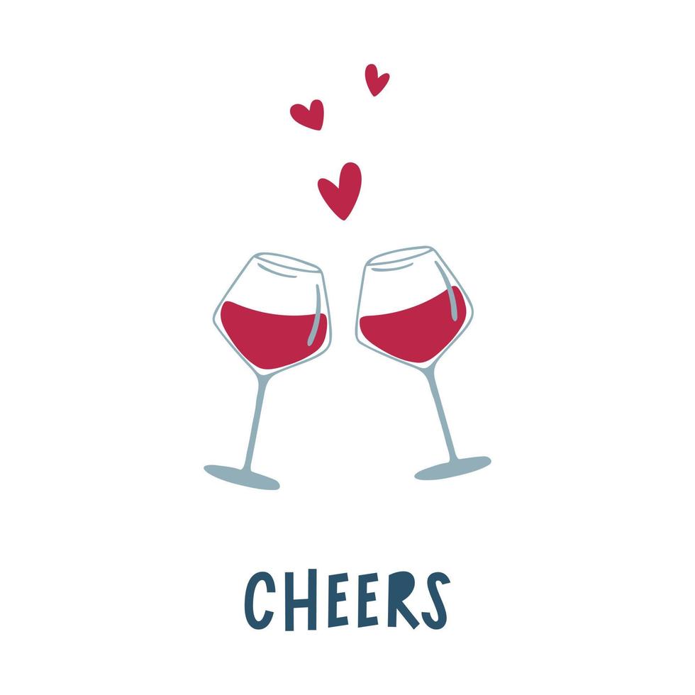 Wine Day. Two glasses of red wine, hearts and toasting word Cheers. Minimalistic style greeting card. Vector illustration.