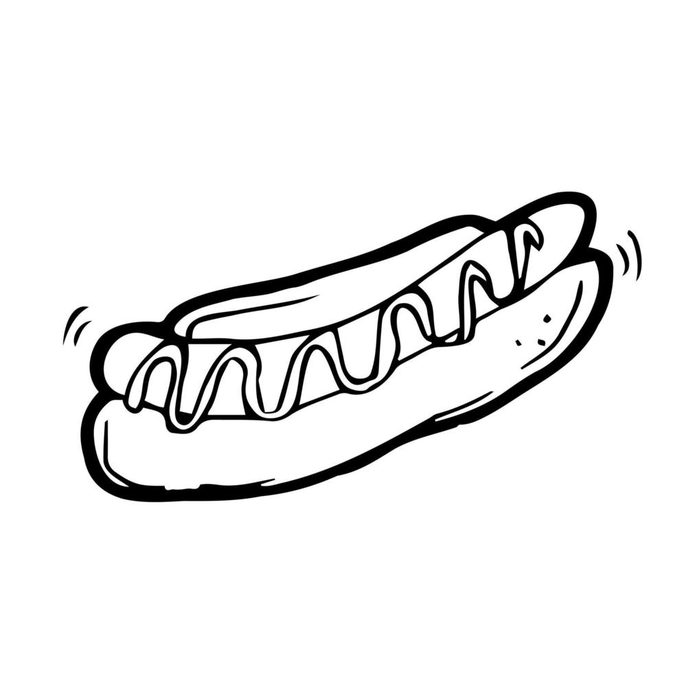 Vector illustration. Hand drawn doodle of hot dog with mustard. Unhealthy food. Cartoon sketch. Decoration for menus, signboards, showcases, greeting cards, posters, wallpapers