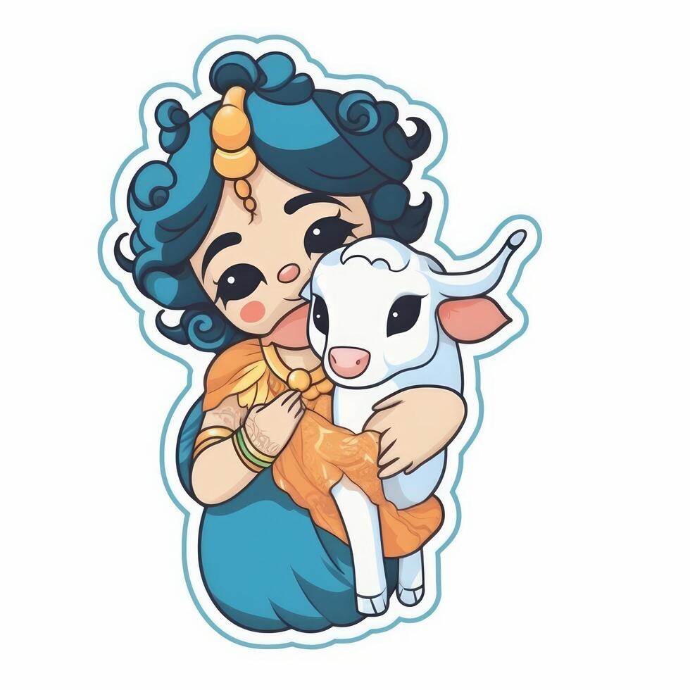 cartoon character sticker of krishna with cow photo