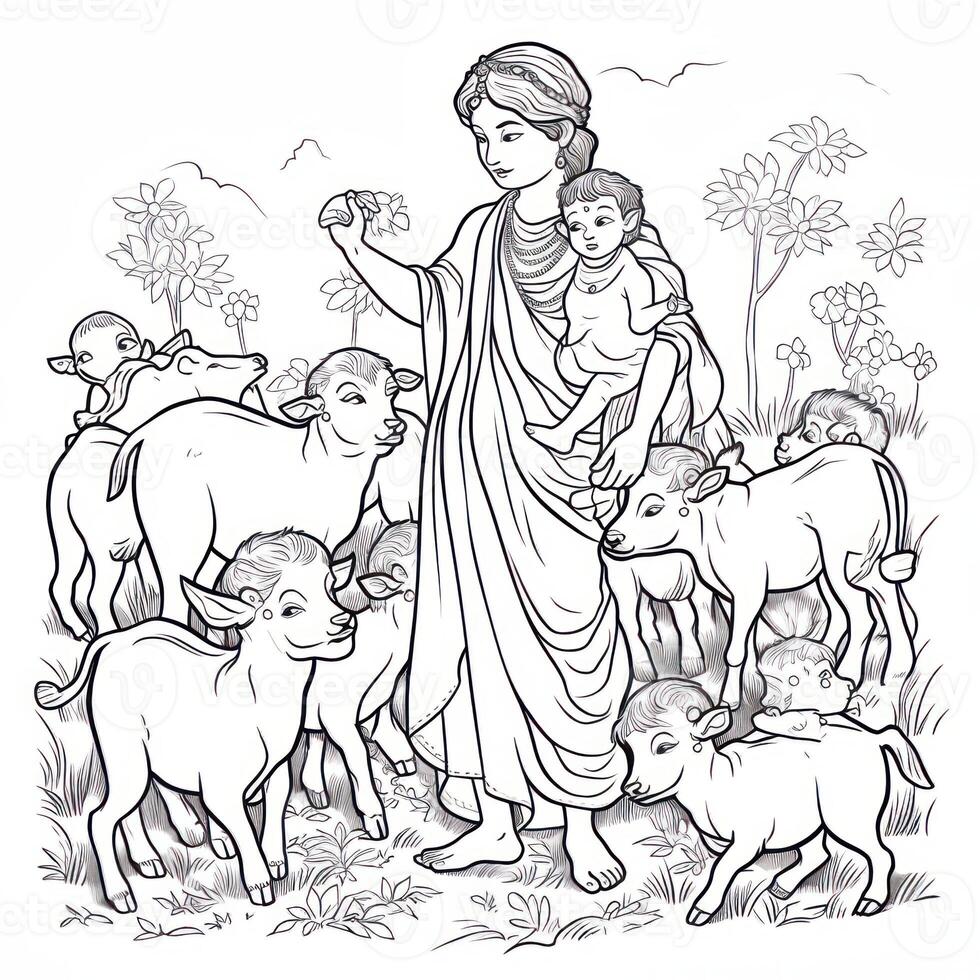 A lady with her child and many cows black outlined image photo