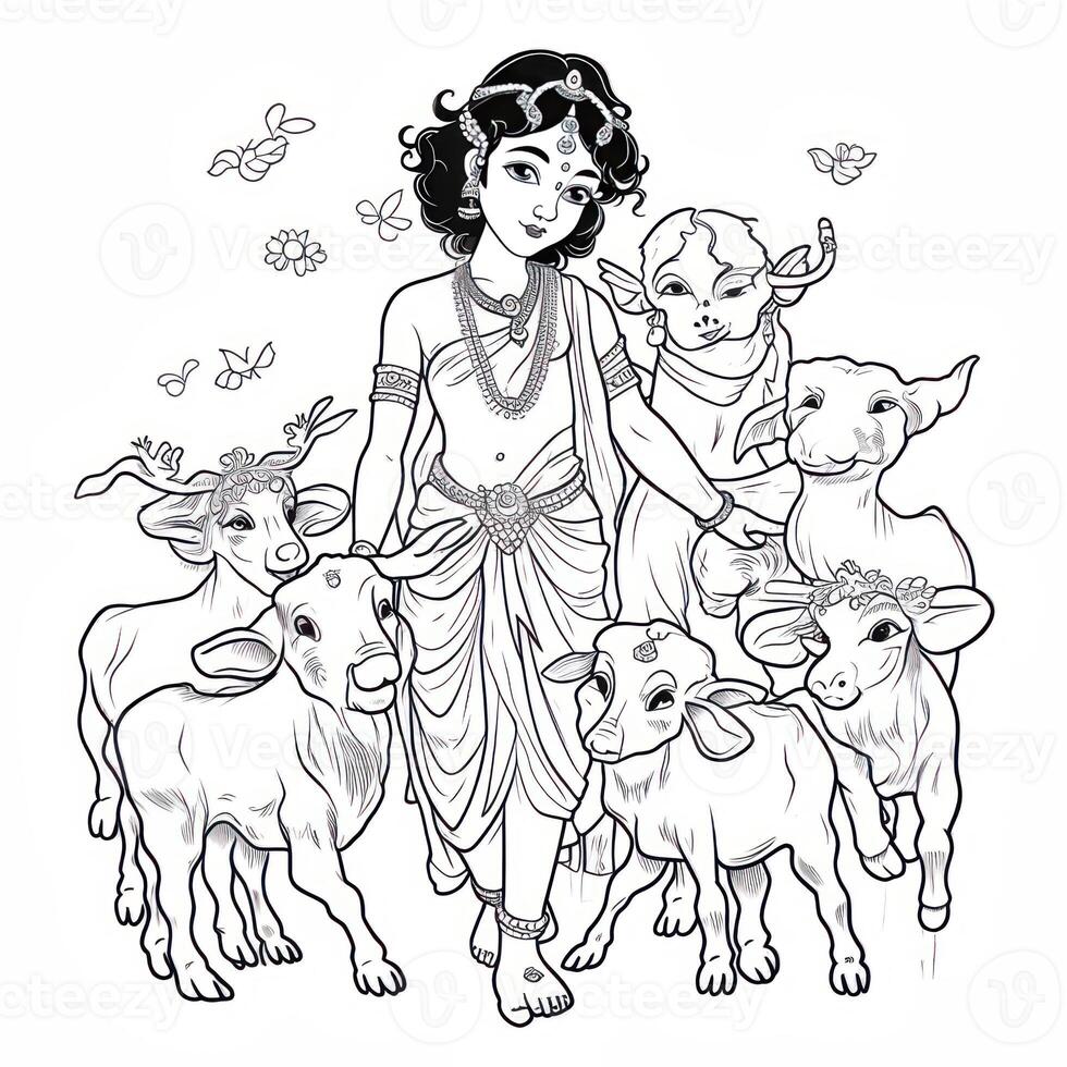 Image of krishna with small cows black outlined photo