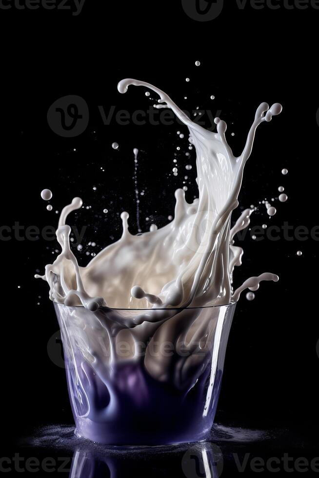 Milk splash from the glass on black background photo