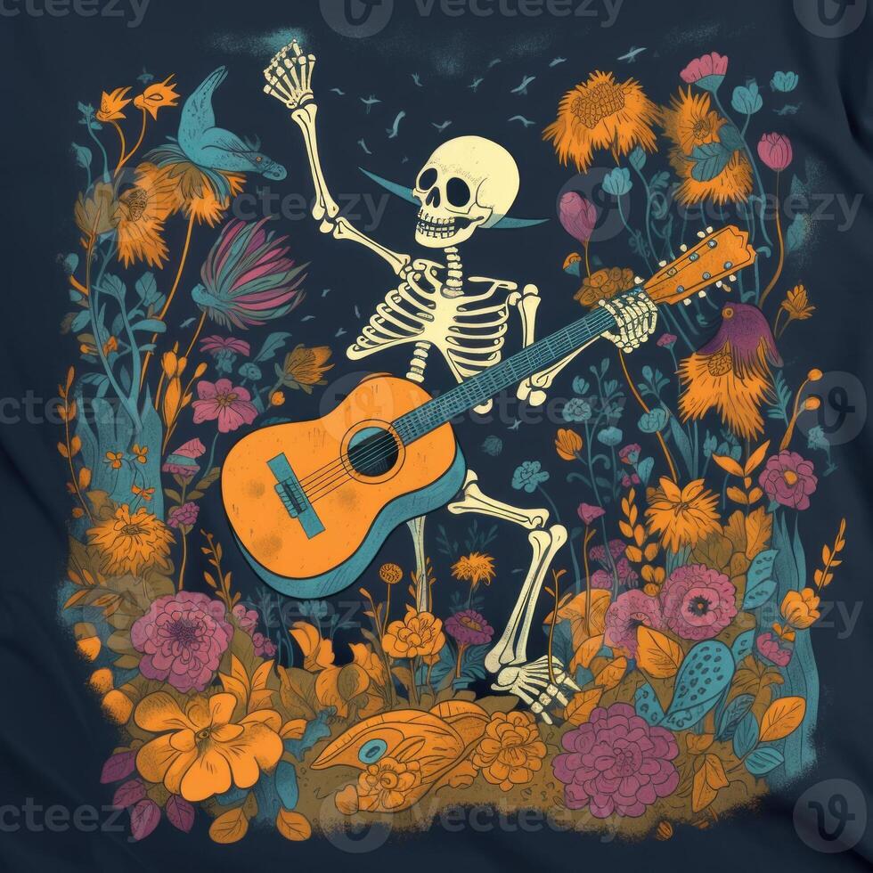 A skeleton playing guitar t shirt design image photo