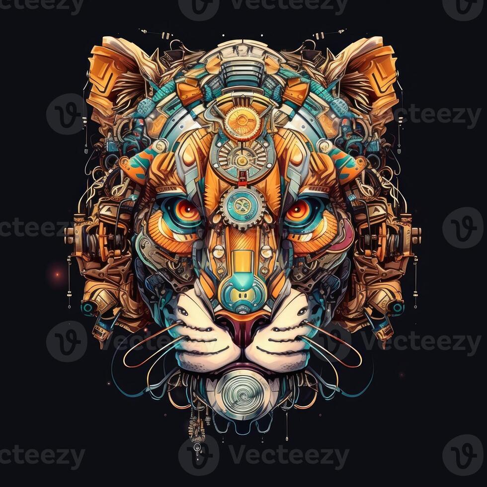 tiger head mechanical colorful on dark background photo