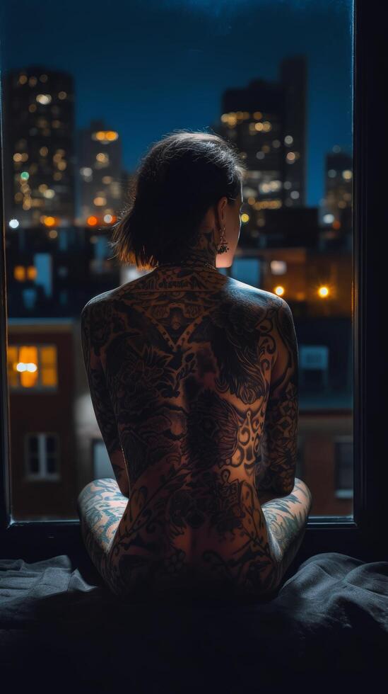 lleno tatuaje cuerpo espalda ver de un joven asiático mujer generativo ai foto