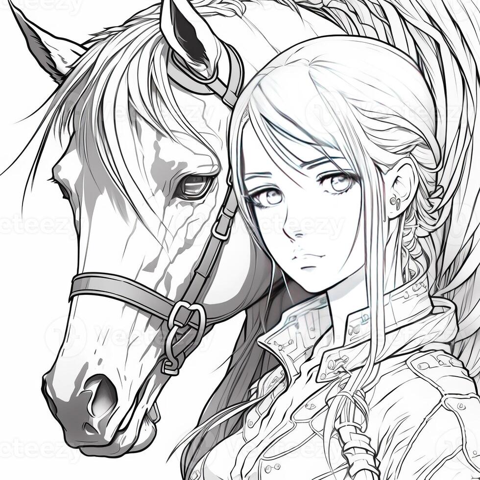 coloring book line art drawing of a pretty anime photo