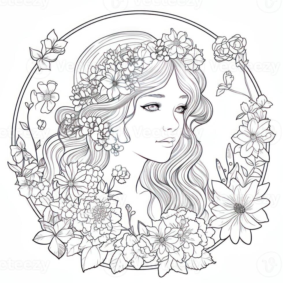flowers princess wearing crown sketch of coloring book photo