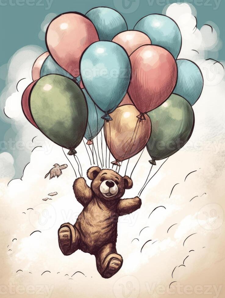 dibujado a mano imagen de un sonriente osito de peluche oso volador con globos generativo ai foto