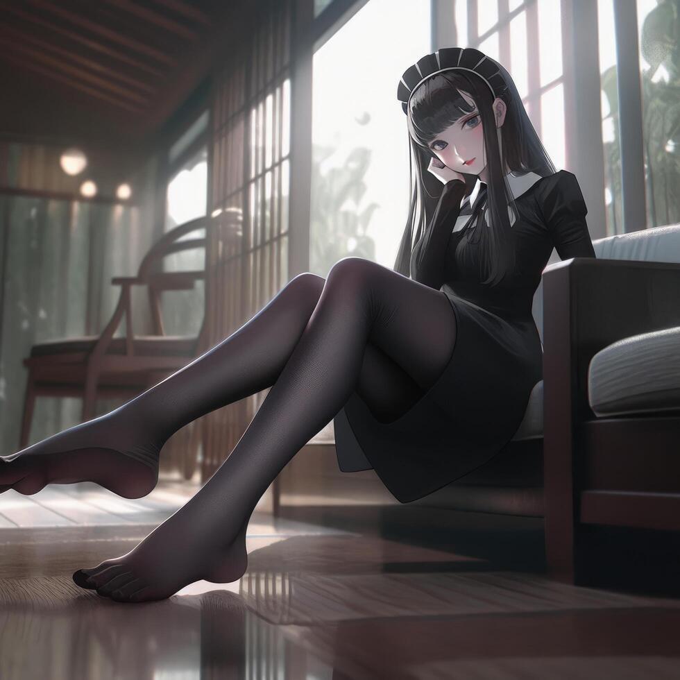 Long legged beautiful girl anime in black dress image photo