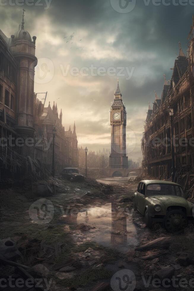 Matte painting from a postapocalyptic Street dark view photo