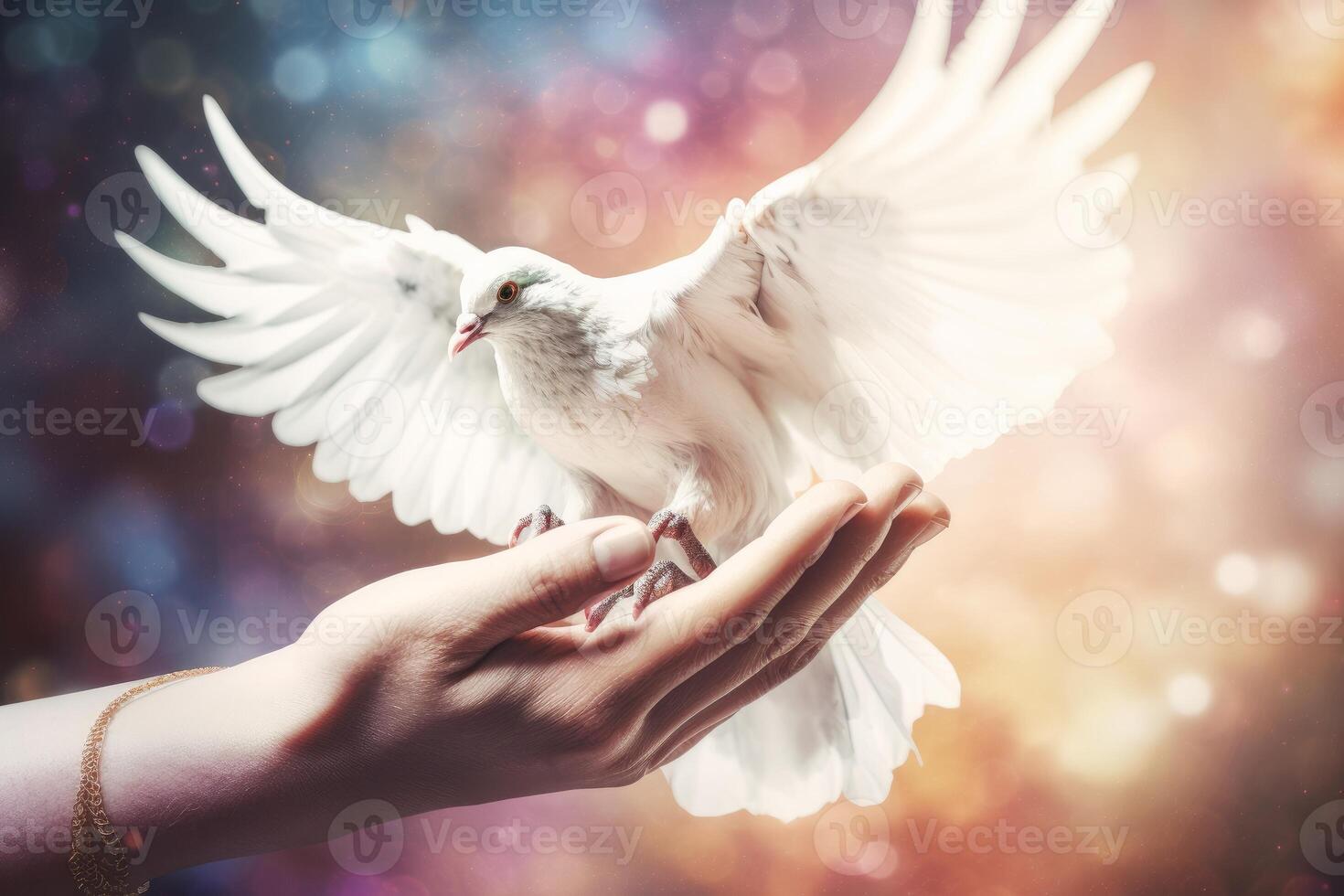 A beautiful white bird shows peace photo