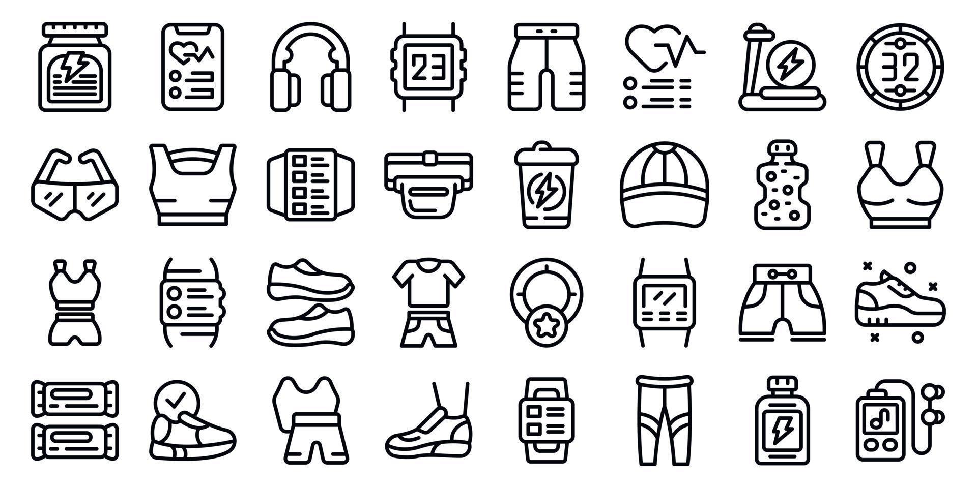 Running accessories icons set outline vector. Wrist pedometer vector