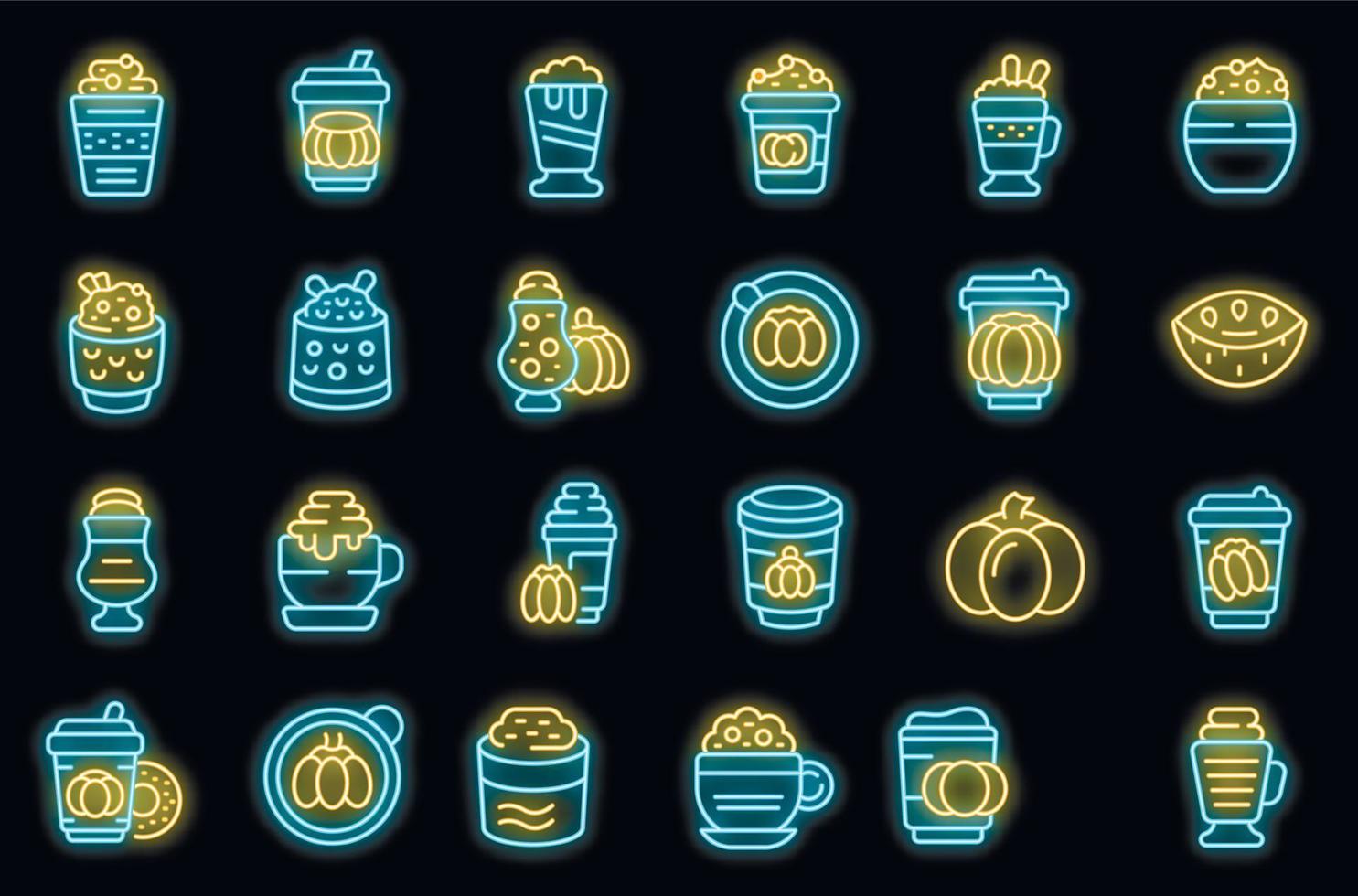 Pumpkin spice latte icons set vector neon