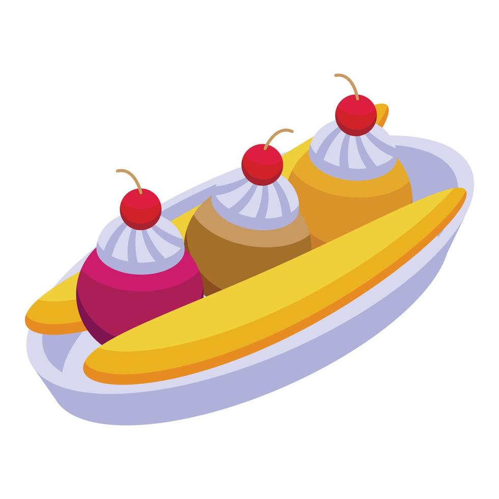 Cherry banana split icon isometric vector. Cream bowl vector