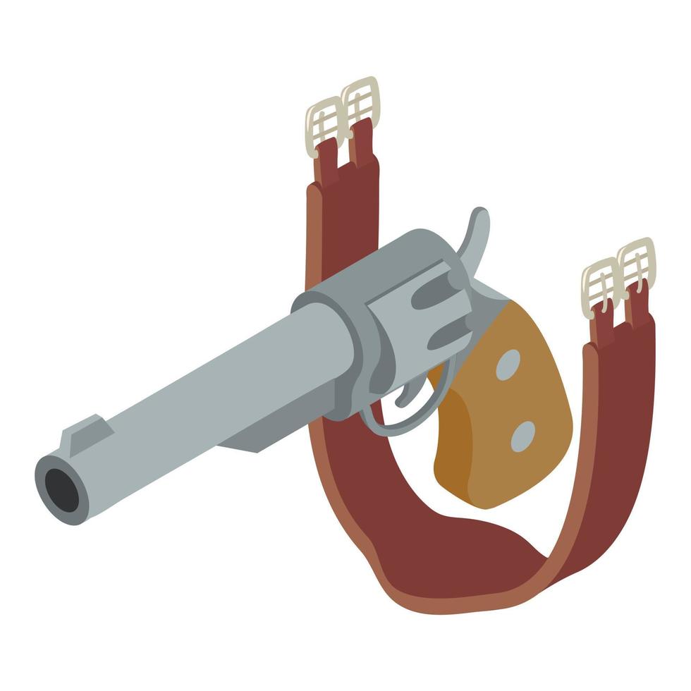 Wild west icon isometric vector. Realistic retro revolver and leather girth icon vector