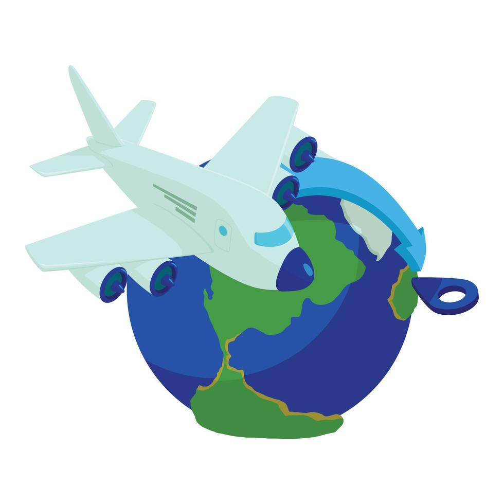 Air travel icon isometric vector. Plane fly around globe to point of destination vector